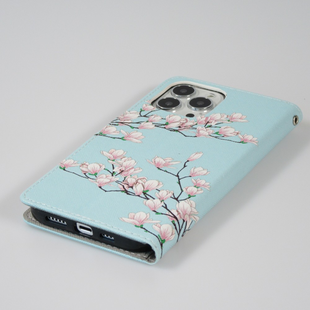 iPhone 13 Pro Case Hülle - Premium Wallet Flip-Magnetverschluss und Kartenfach - Sakura Baum - Hellblau