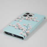 iPhone 13 Pro Case Hülle - Premium Wallet Flip-Magnetverschluss und Kartenfach - Sakura Baum - Hellblau