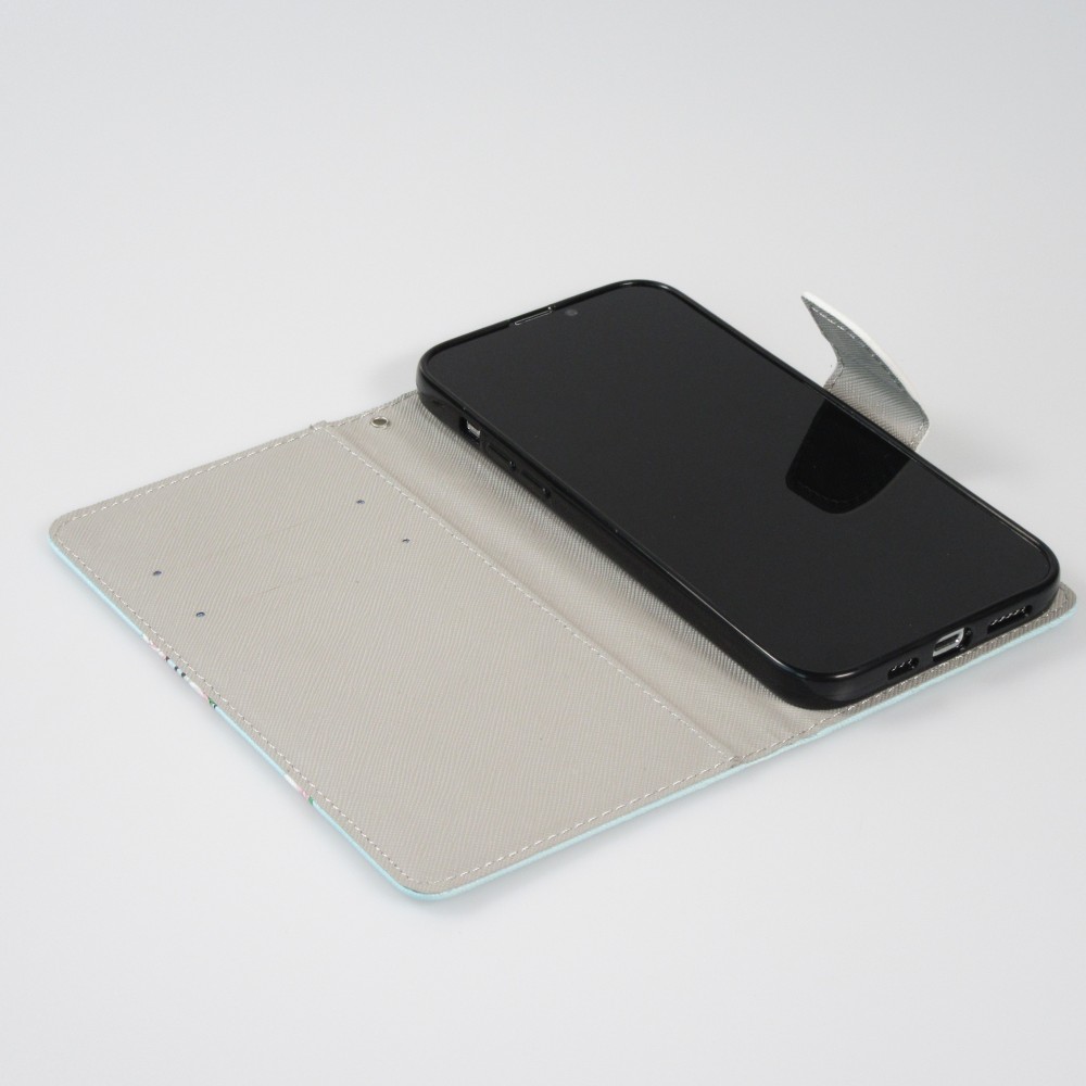 Fourre iPhone 13 Pro Max - Premium Wallet flip fermeture magnétique et porte-carte - Fleures Sakura - Bleu clair