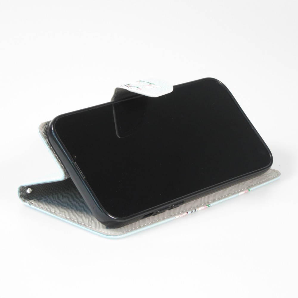 iPhone 13 Pro Case Hülle - Premium Wallet Flip-Magnetverschluss und Kartenfach - Sakura Baum - Hellblau