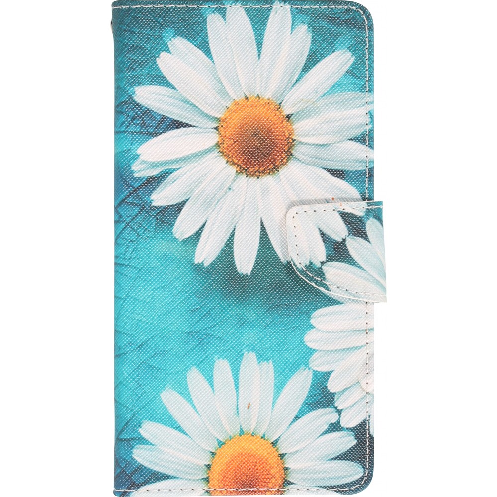 Fourre iPhone 13 Pro Max - Premium Wallet flip fermeture magnétique et porte-carte - marguerite - Bleu