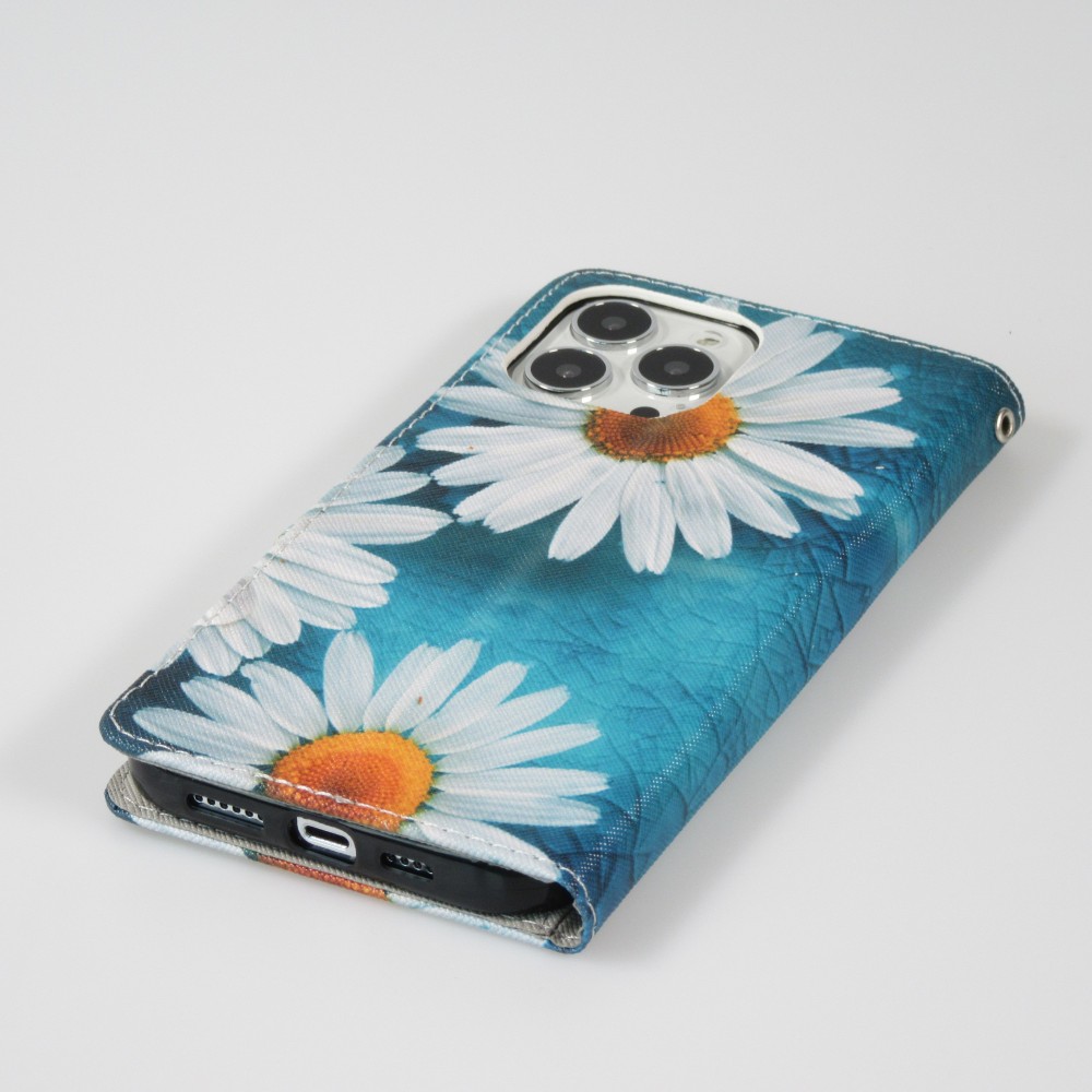 iPhone 12 / 12 Pro Case Hülle - Premium Wallet Flip-Magnetverschluss und Kartenfach - Gänseblümchen - Blau