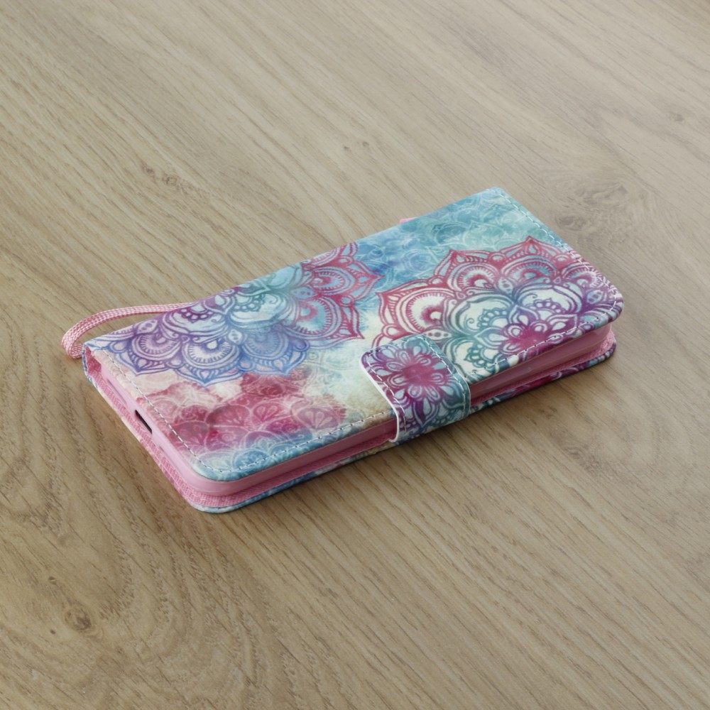 Hülle iPhone XR - Flip 3D mandala blau - Rosa