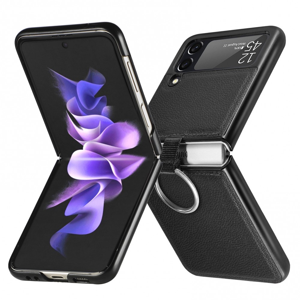 Coque Samsung Galaxy Z Flip3 5G - Fourre en cuir de luxe au look élégant avec anneau de transport - Noir