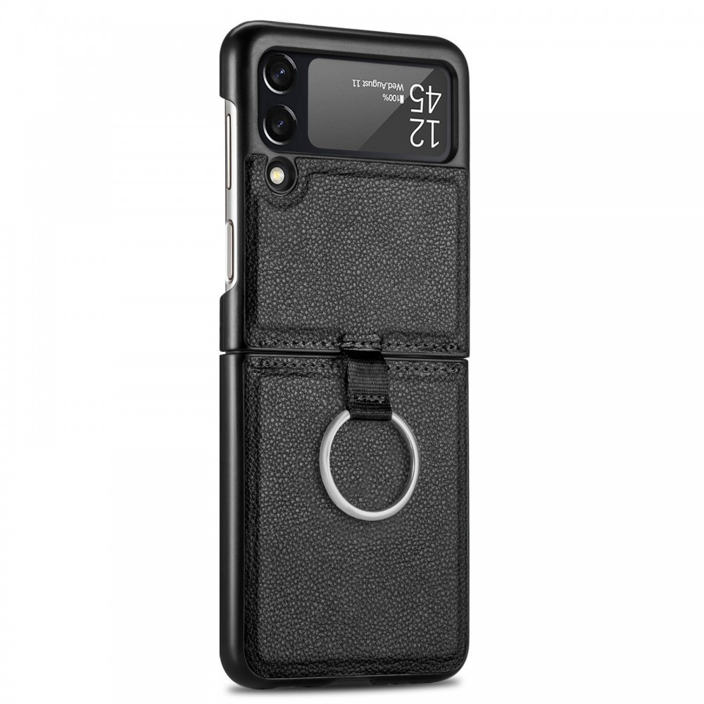 Coque Samsung Galaxy Z Flip3 5G - Fourre en cuir de luxe au look élégant avec anneau de transport - Noir