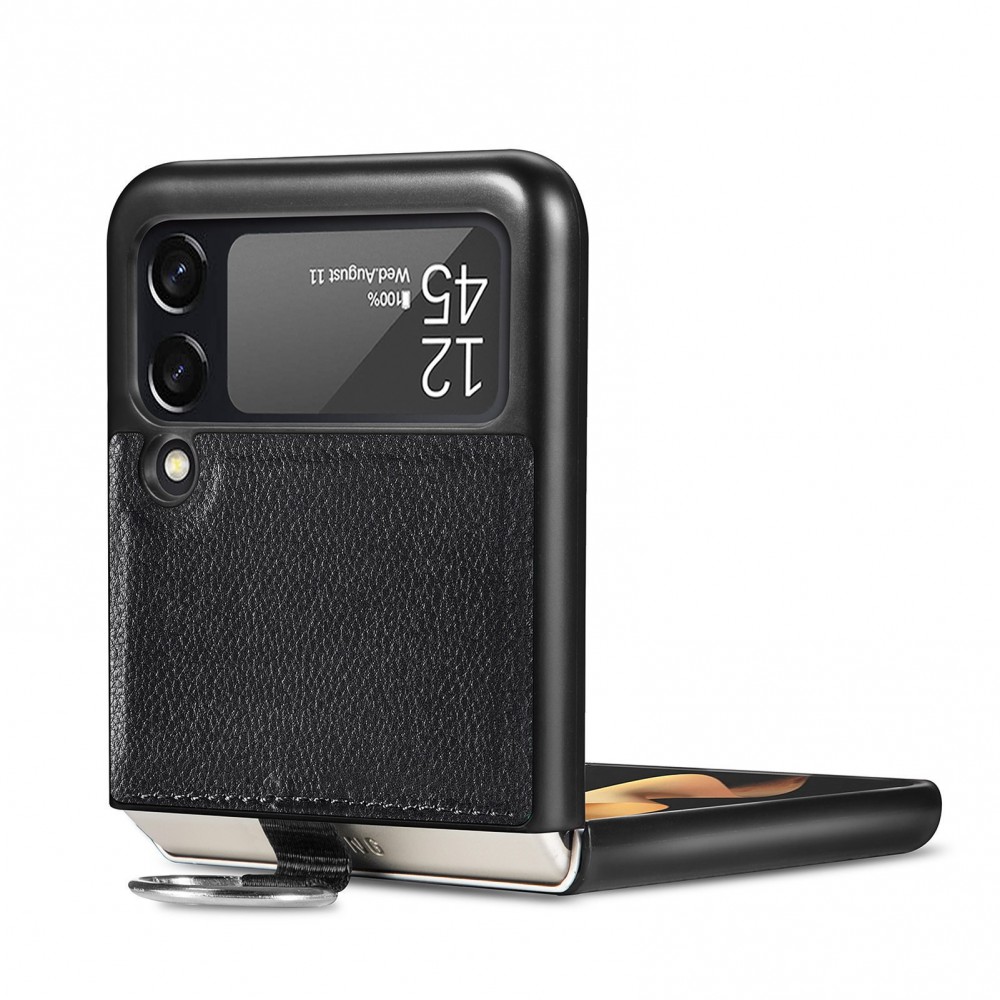 Coque Samsung Galaxy Z Flip3 5G - Fourre en cuir de luxe au look élégant avec anneau de transport - Noir