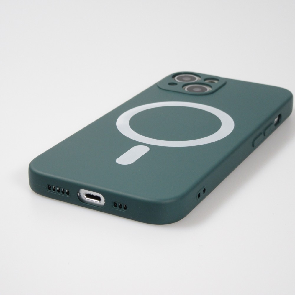 Housse iPhone 13 - Coque en silicone souple avec MagSafe et protection pour caméra - Vert foncé