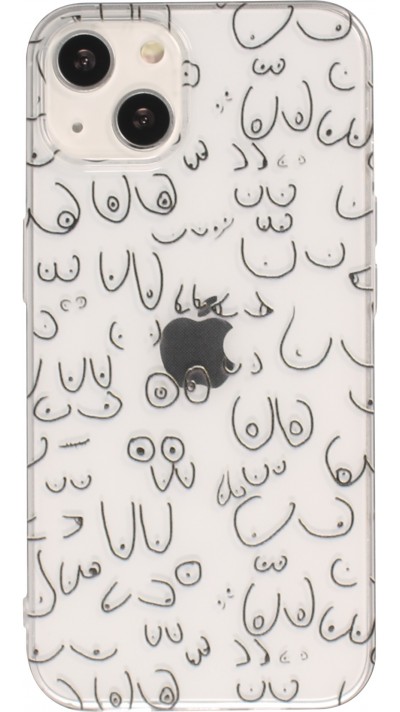 iPhone 13 Case Hülle - Transparentes Silikon Cover funny Cartoon Brüste Tattoo - Transparent