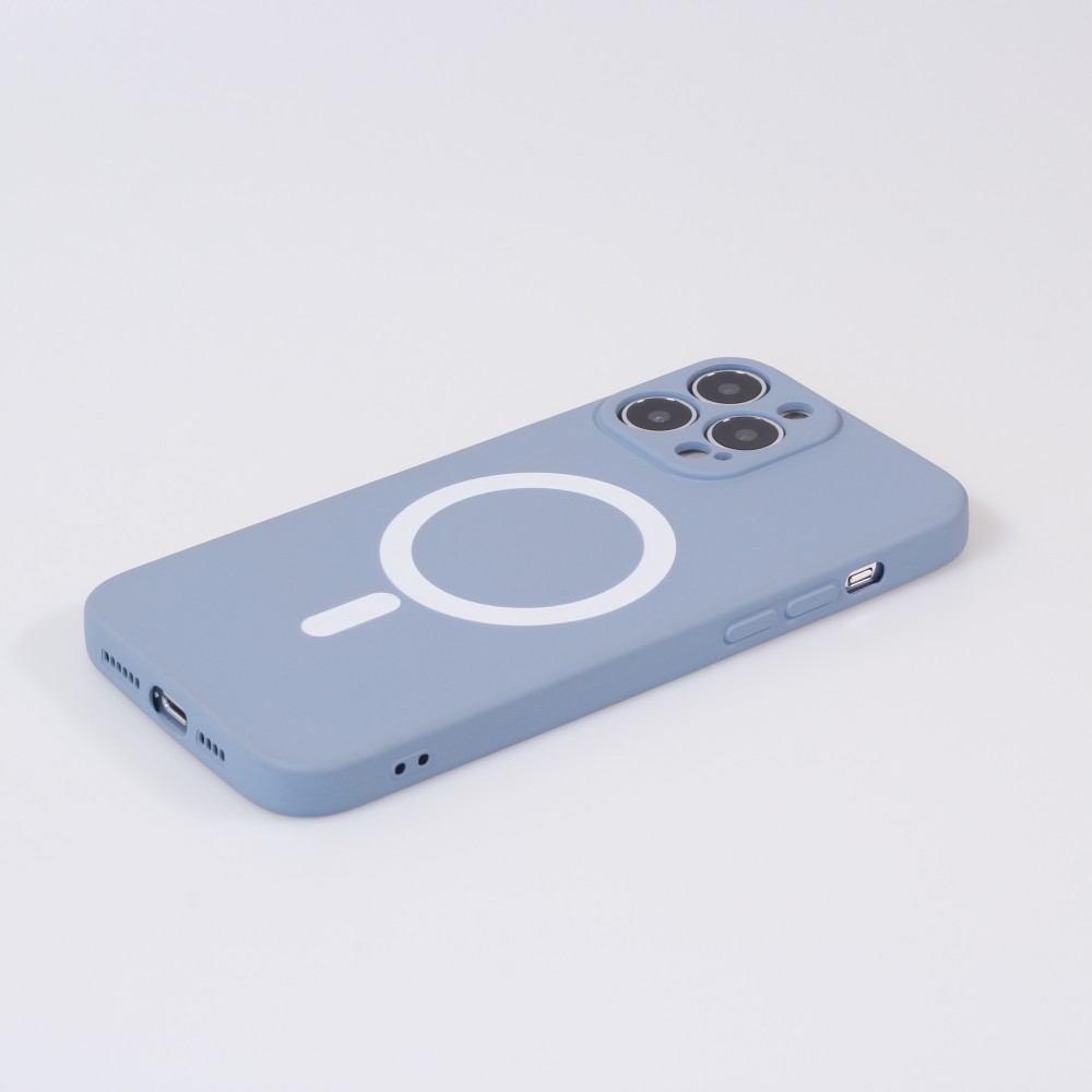 Housse iPhone 13 Pro - Coque en silicone souple avec MagSafe et protection pour caméra - Bleu - Gris