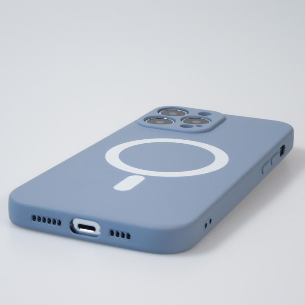 Housse iPhone 13 Pro - Coque en silicone souple avec MagSafe et protection pour caméra - Bleu - Gris