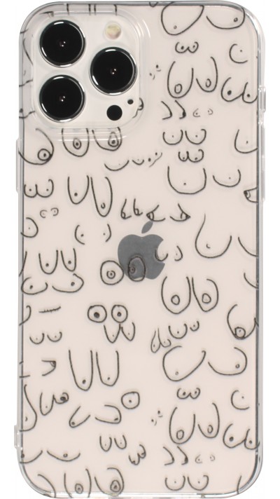 iPhone 13 Pro Max Case Hülle - Transparentes Silikon Cover funny Cartoon Brüste Tattoo - Transparent