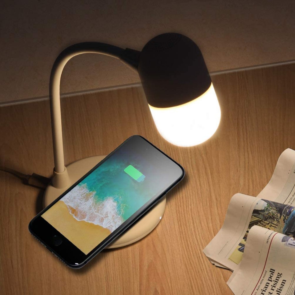 Lampe de chevet 3 en 1 avec haut-parleur et recharge sans fil, lumière LED - Blanc