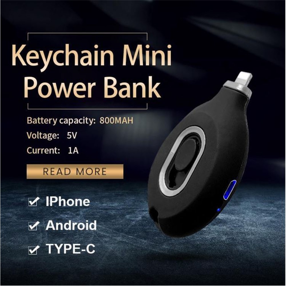 Mini Power Bank emergency Schlüsselanhänger externe Batterie 800mAh (Android - USB-C) - Schwarz