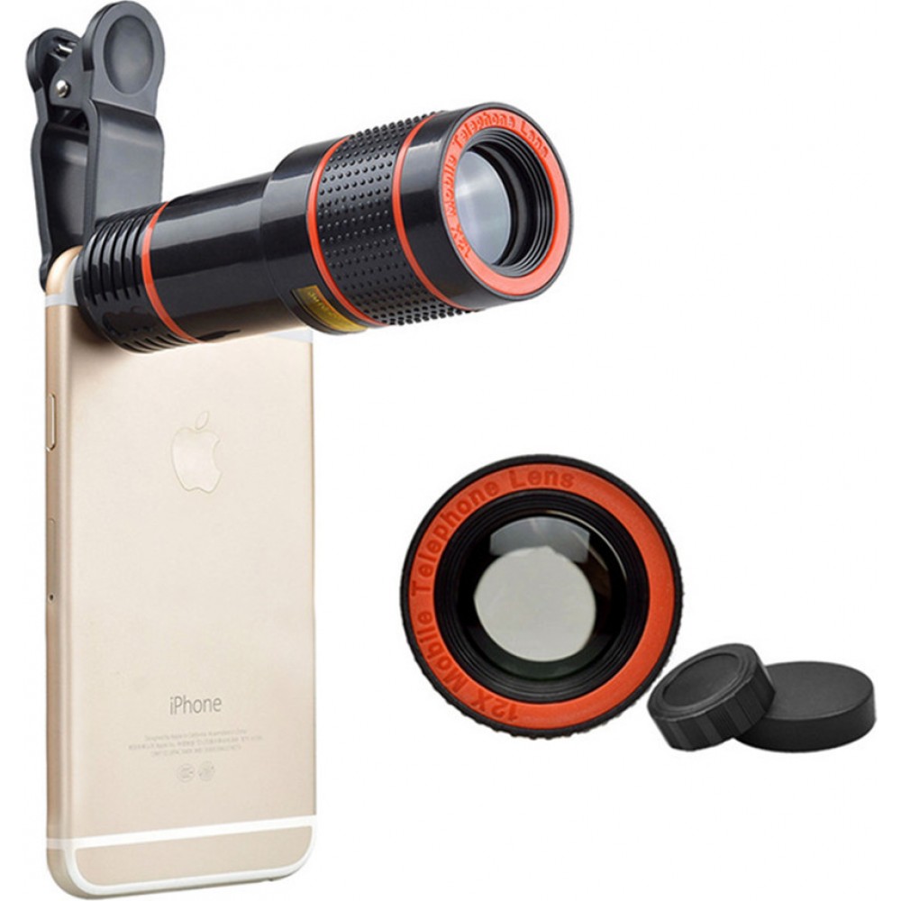Clip télescopique pour objectif d'appareil photo de smartphone - Zoom optique 12x - Noir