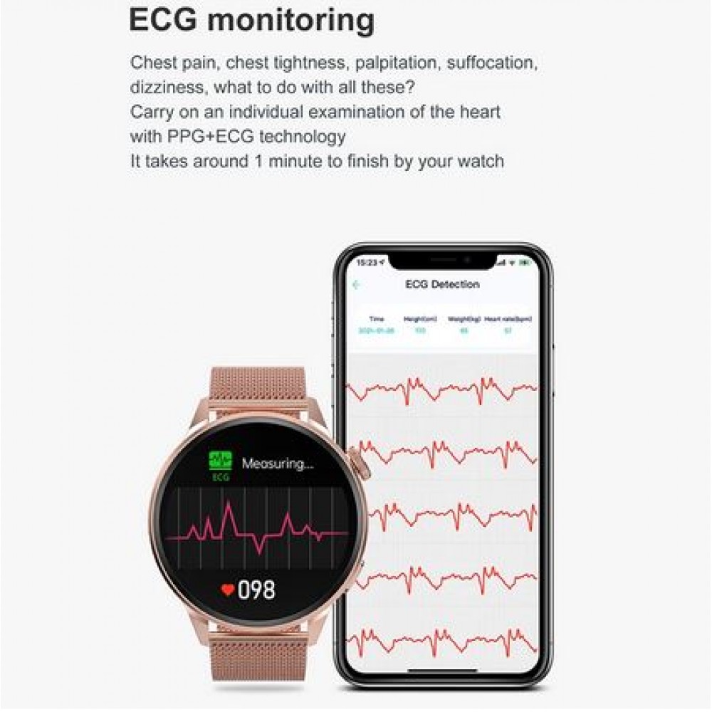 Montre connectée universelle DT4+ avec bracelet milanais en acier NFC/ECG/Sommeil - Or - Rose