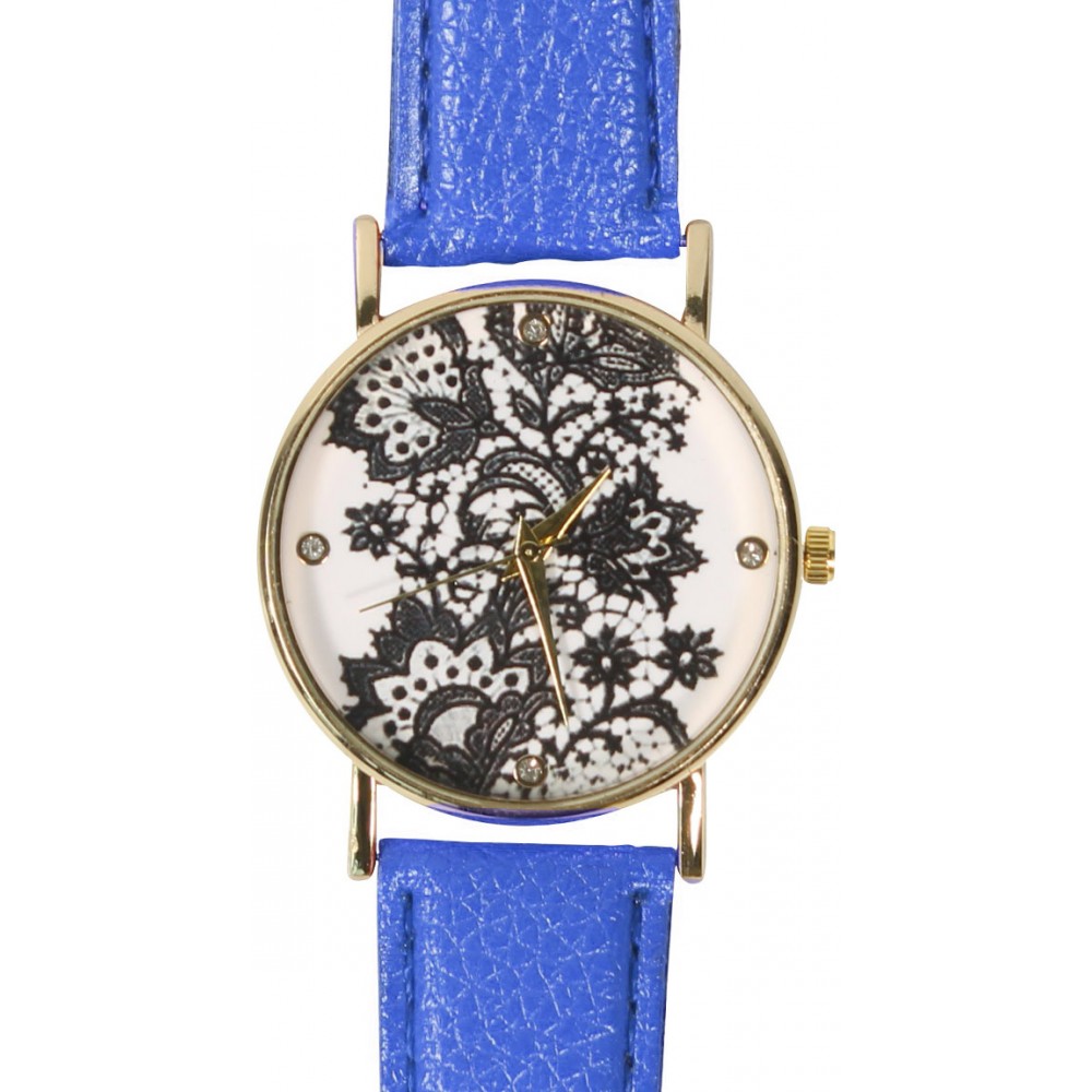 Armbanduhr orientalische Blumen mit Strasssteinen - Blau