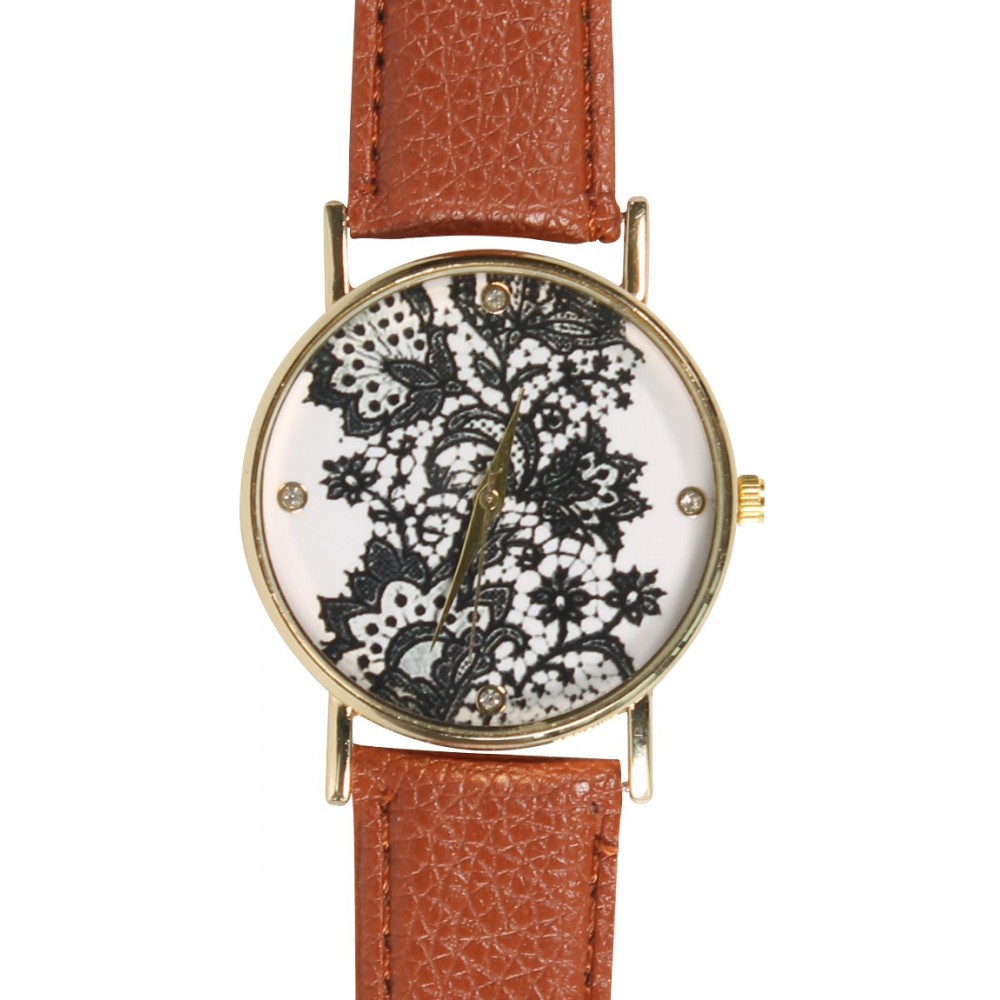 Armbanduhr orientalische Blumen mit Strasssteinen - Braun