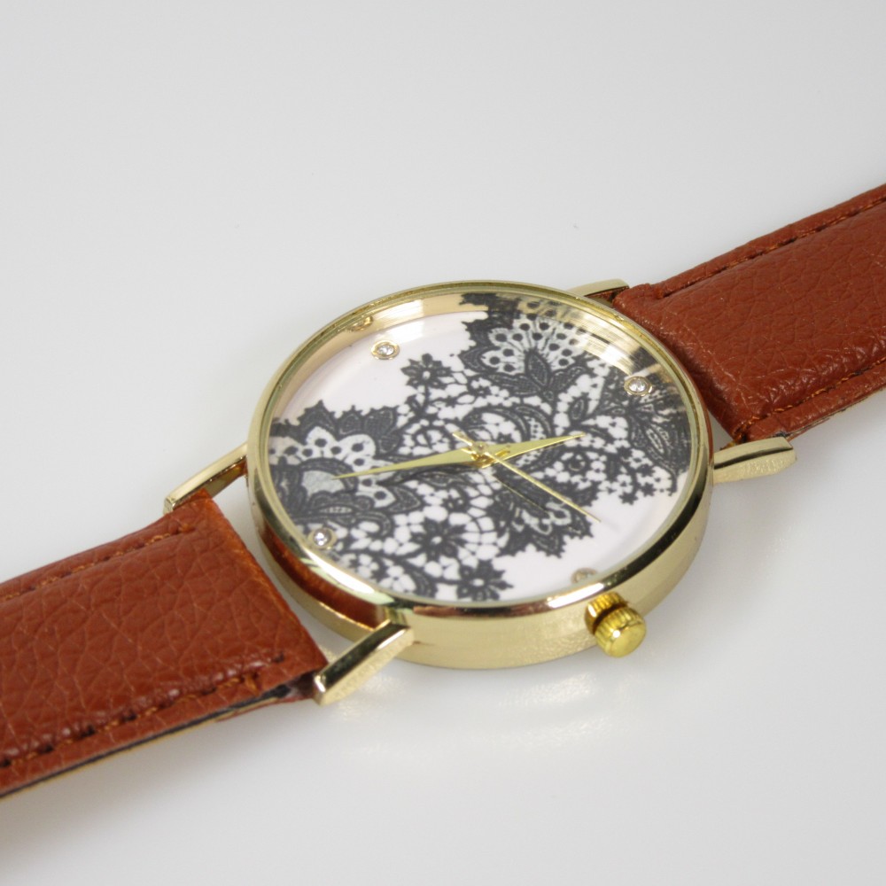 Montre fleurs oriental avec strass - Brun