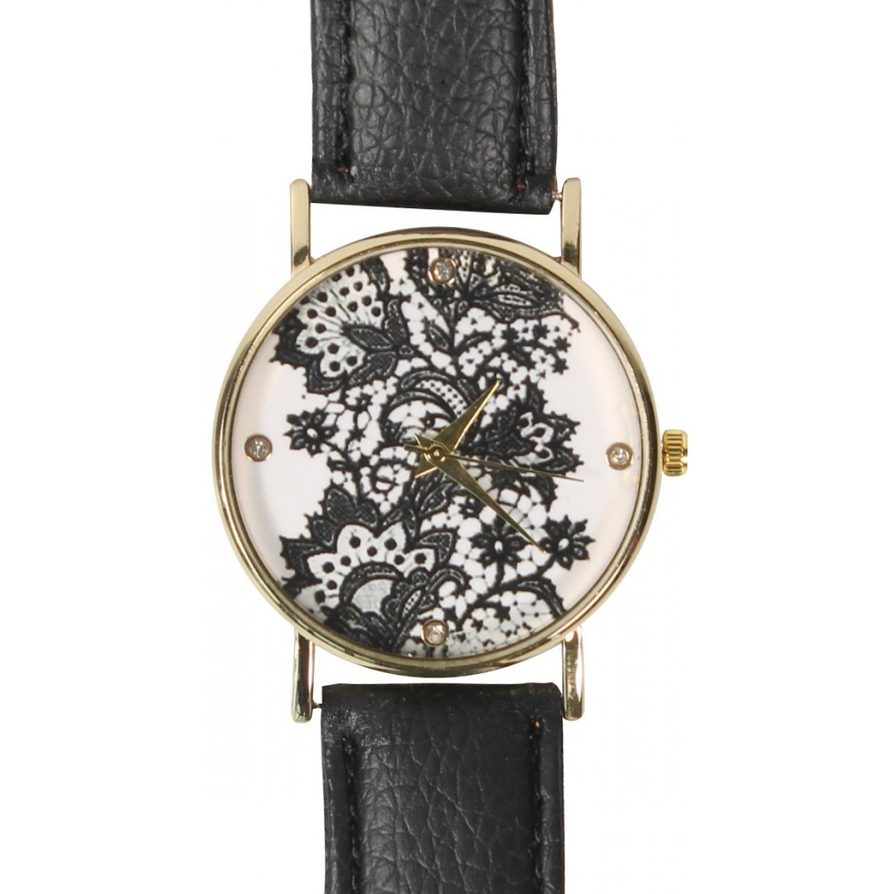 Armbanduhr orientalische Blumen mit Strasssteinen - Schwarz