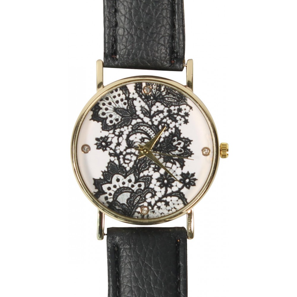 Montre fleurs oriental avec strass - Noir