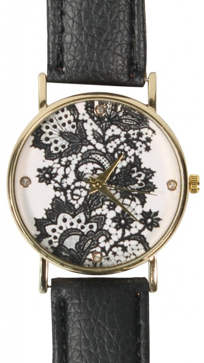 Montre fleurs oriental avec strass - Noir