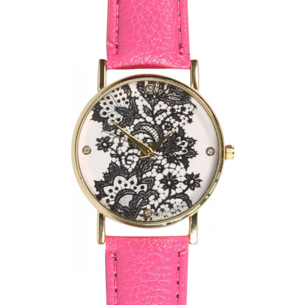 Montre fleurs oriental avec strass - Rose foncé