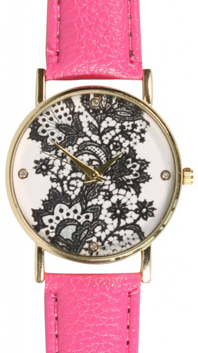 Montre fleurs oriental avec strass - Rose foncé