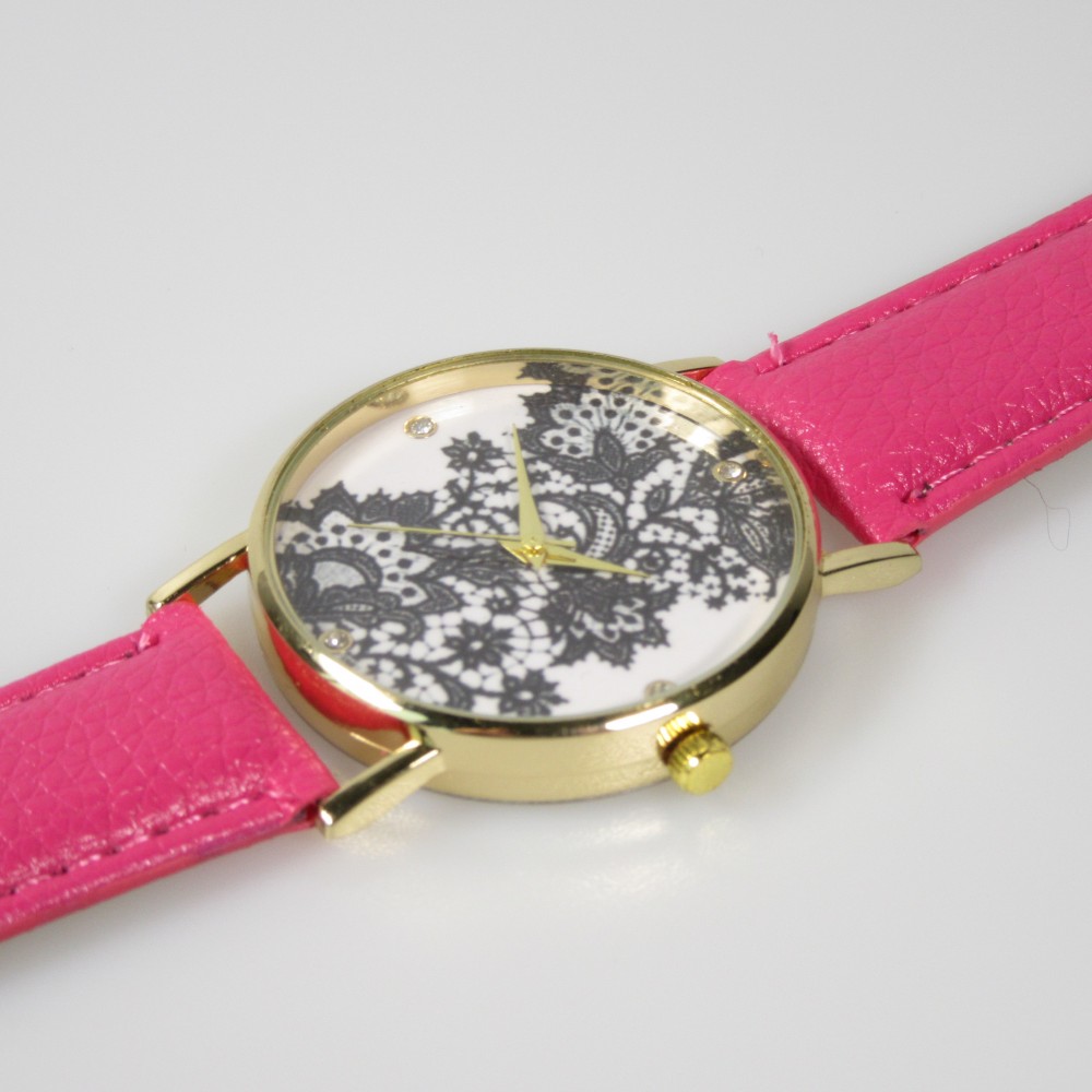 Armbanduhr orientalische Blumen mit Strasssteinen - Dunkelrosa