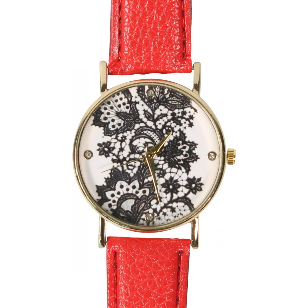 Armbanduhr orientalische Blumen mit Strasssteinen - Rot