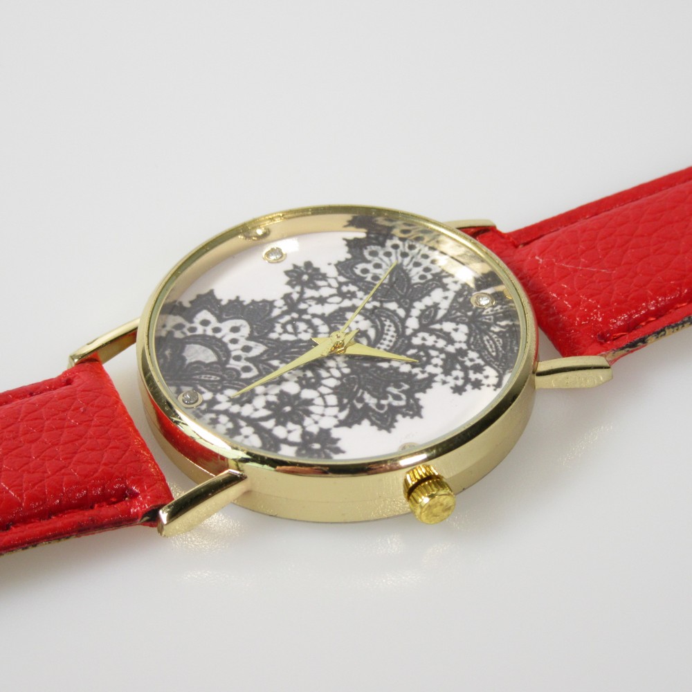 Armbanduhr orientalische Blumen mit Strasssteinen - Rot
