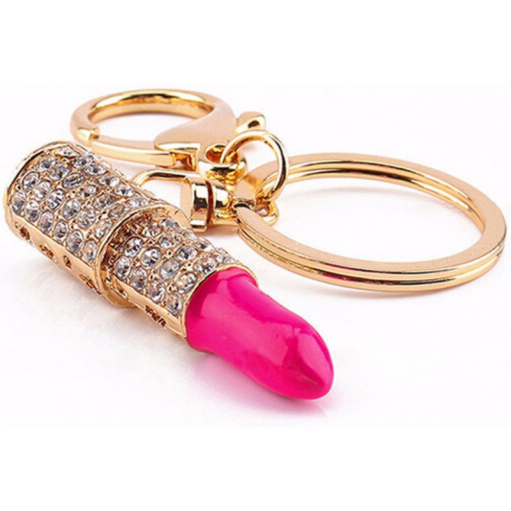 Universeller Schlüsselanhänger / Schlüsselring - Lippenstift / Lipstick brillant "Bling-bling" - Gold/- Rosa