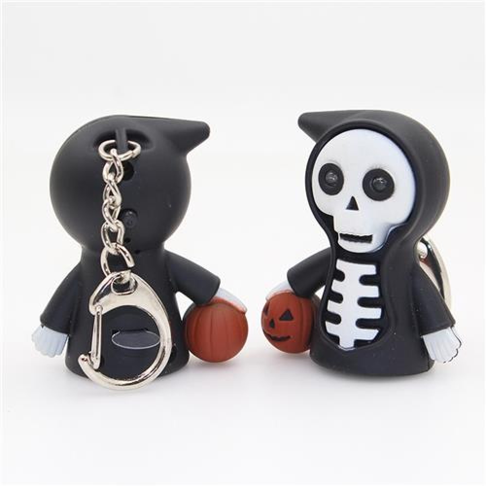 Halloween Skelett Schlüsselanhänger mit rot glühenden LED Augen - Batteriebetrieben