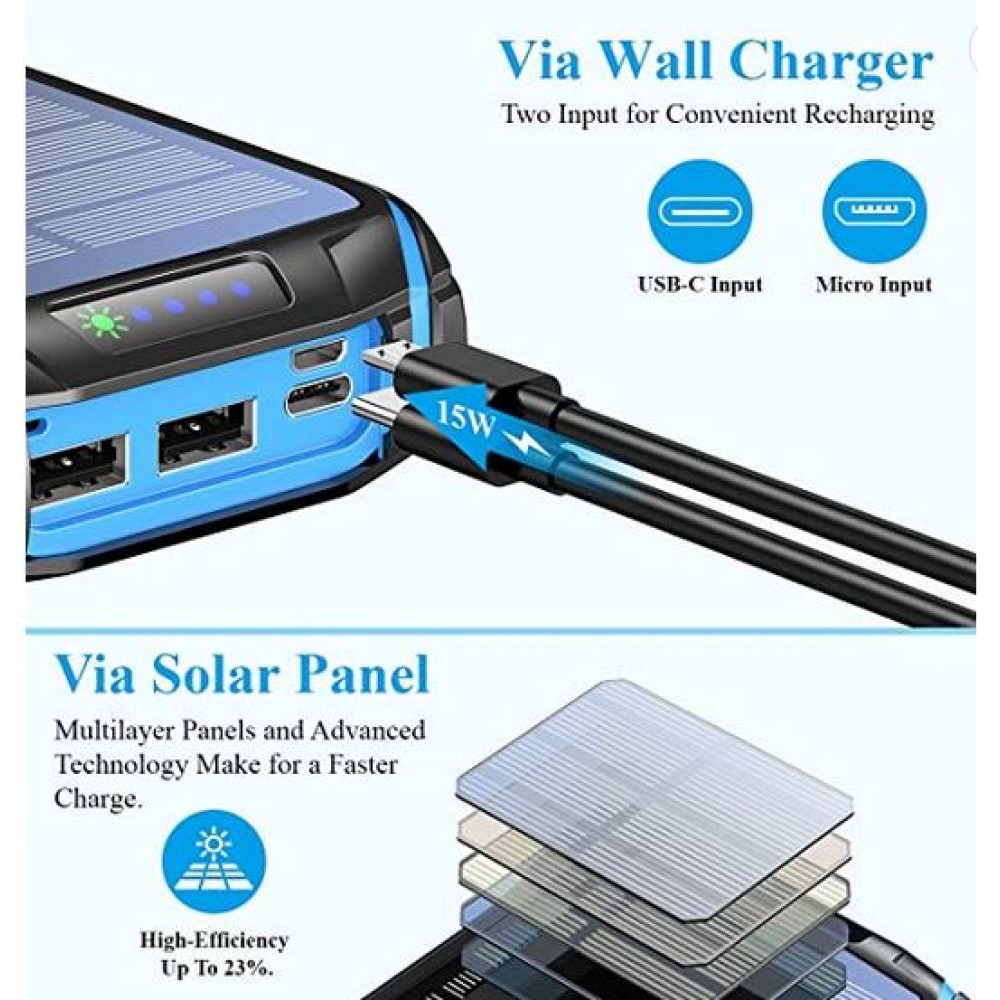 Power Bank solaire i26s 26800mAh portable Chargement rapide LED IP66 Ultra Capacité - Bleu