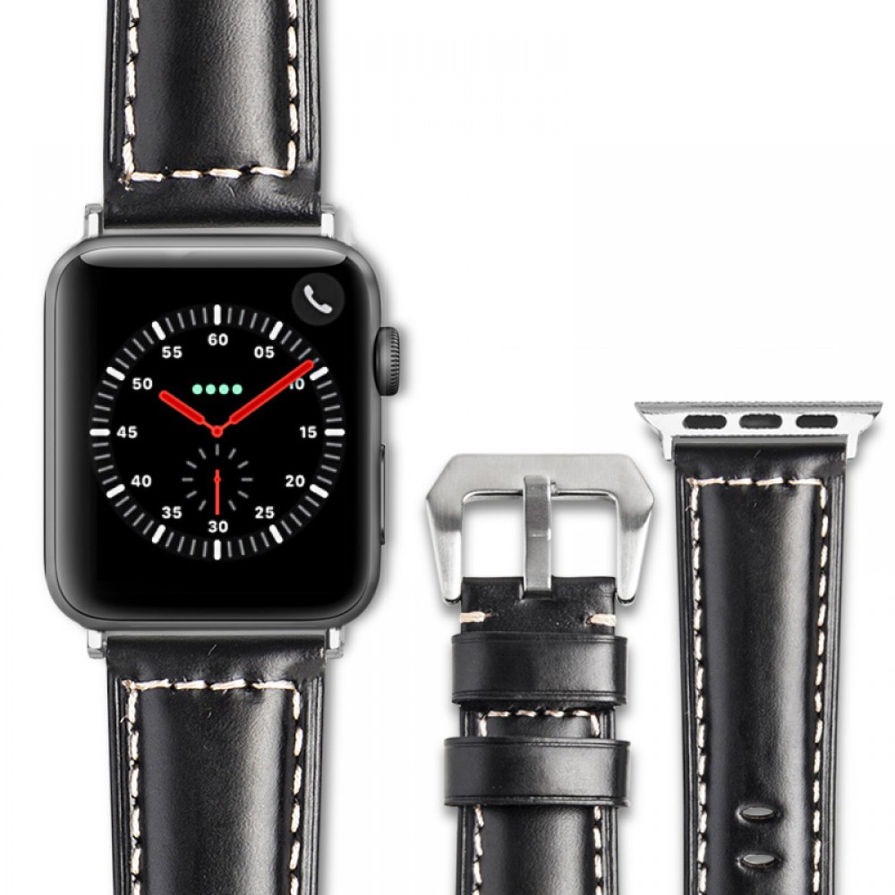 Qialino Bracelet cuir véritable noir - Apple Watch 38mm / 40mm / 41mm