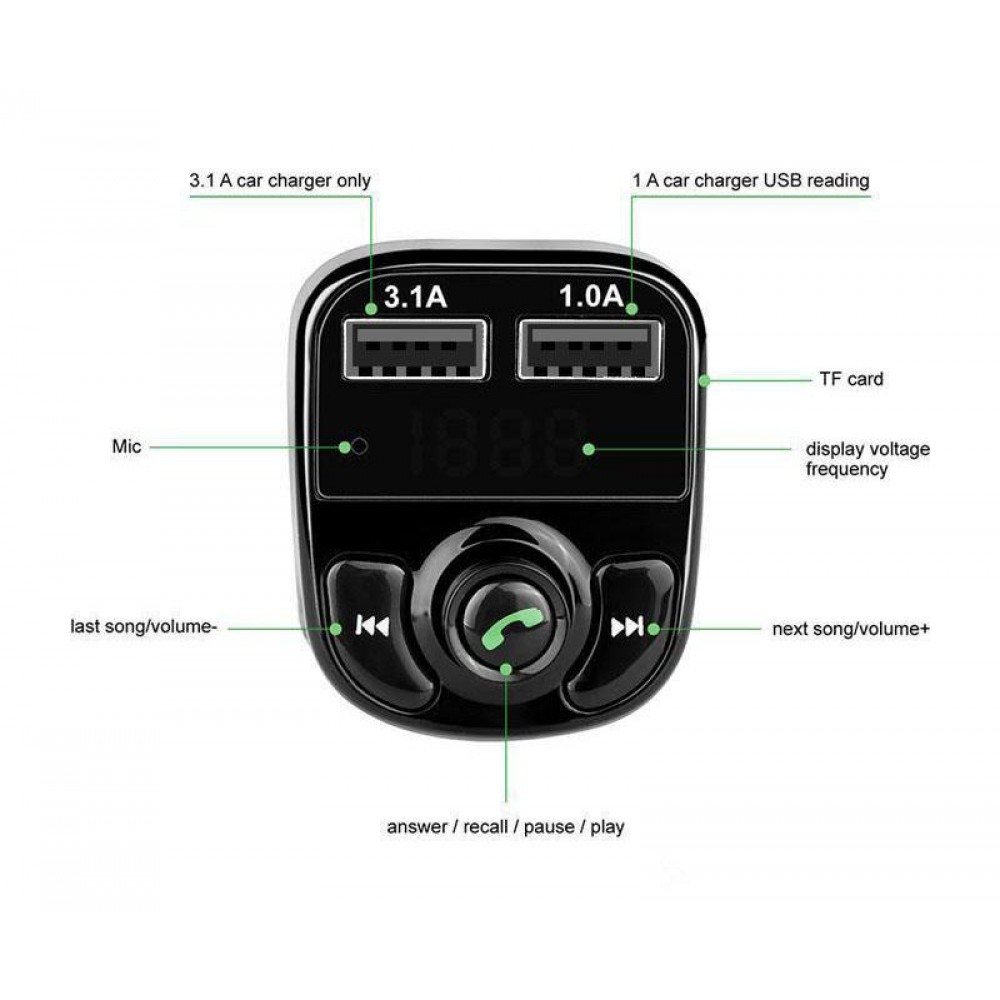 Bluetooth Empfänger X8 - Auto Kfz Audio Receiver MP3 Player mit 3.1 USB Fast Charge - Schwarz