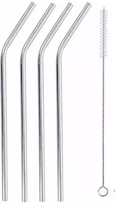 Set de pailles en acier inoxydable avec sac et brosse de nettoyage - 4 pièces, - Argent