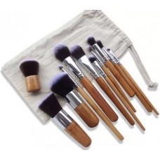 Set de pinceaux maquillage professionnel - Brosses cosmétiques en bois de bambou 11 pièces - Brun