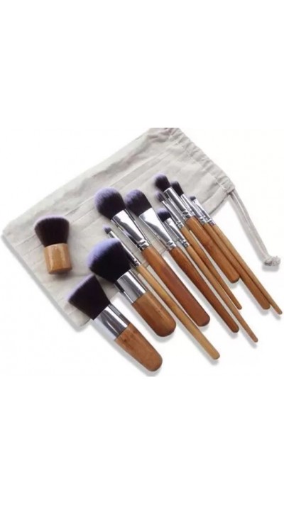 Set de pinceaux maquillage professionnel - Brosses cosmétiques en bois de bambou 11 pièces - Brun