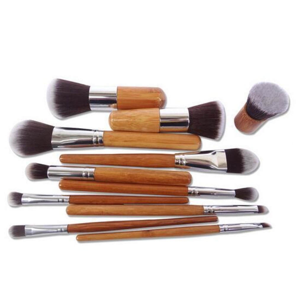 Set de pinceaux maquillage professionnel - Brosses cosmétiques en bois de bambou 11 pièces - Brun