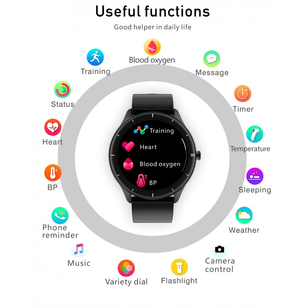 Smart Watch Elegante Q21, température corporelle, fréquence cardiaque, pression sanguine et l'oxygène dans le sang - compatible avec IOS et Android - Bleu