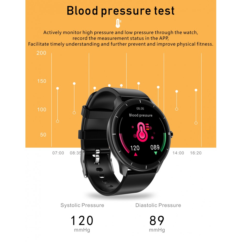 Smart Watch Elegante Q21, température corporelle, fréquence cardiaque, pression sanguine et l'oxygène dans le sang - compatible avec IOS et Android - Noir