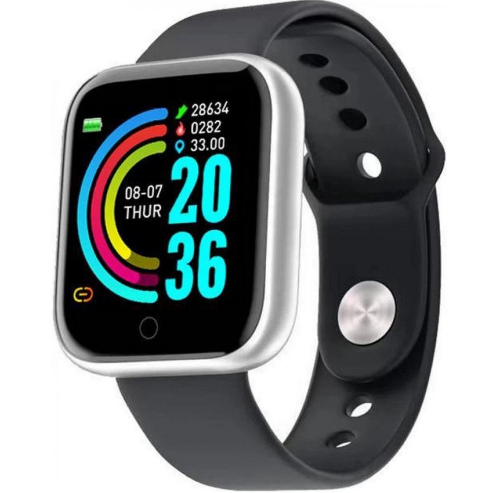 Smart Watch FitPro Y68 - Fitness Tracker Smart Watch Sport inkl. Touchscreen + Sportprogramme - Silbernes Gehäuse / schwarzes Armband