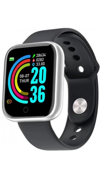 Smart Watch FitPro Y68 - Montre connectée avec écran tactile et programmes de sport / fitness - Boîtier argent / bracelet - Noir