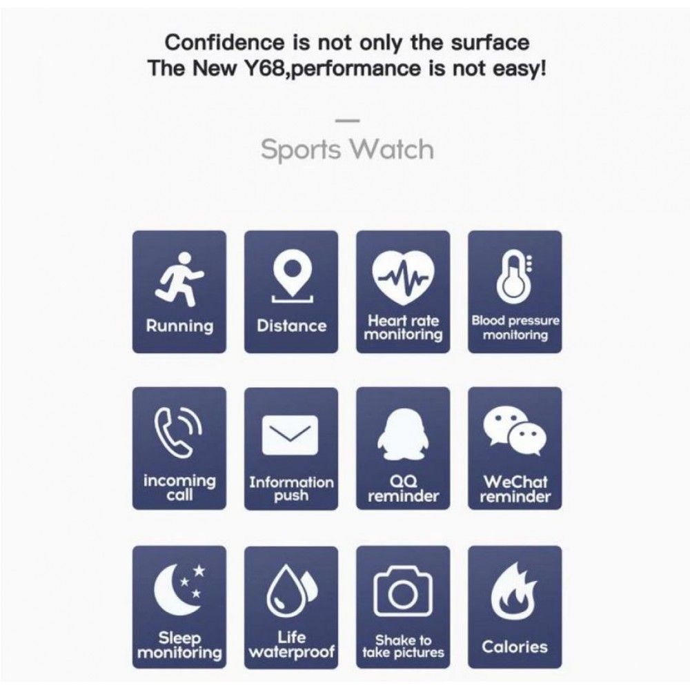 Smart Watch FitPro Y68 - Montre connectée avec écran tactile et programmes de sport / fitness - Boîtier argent / bracelet - Noir