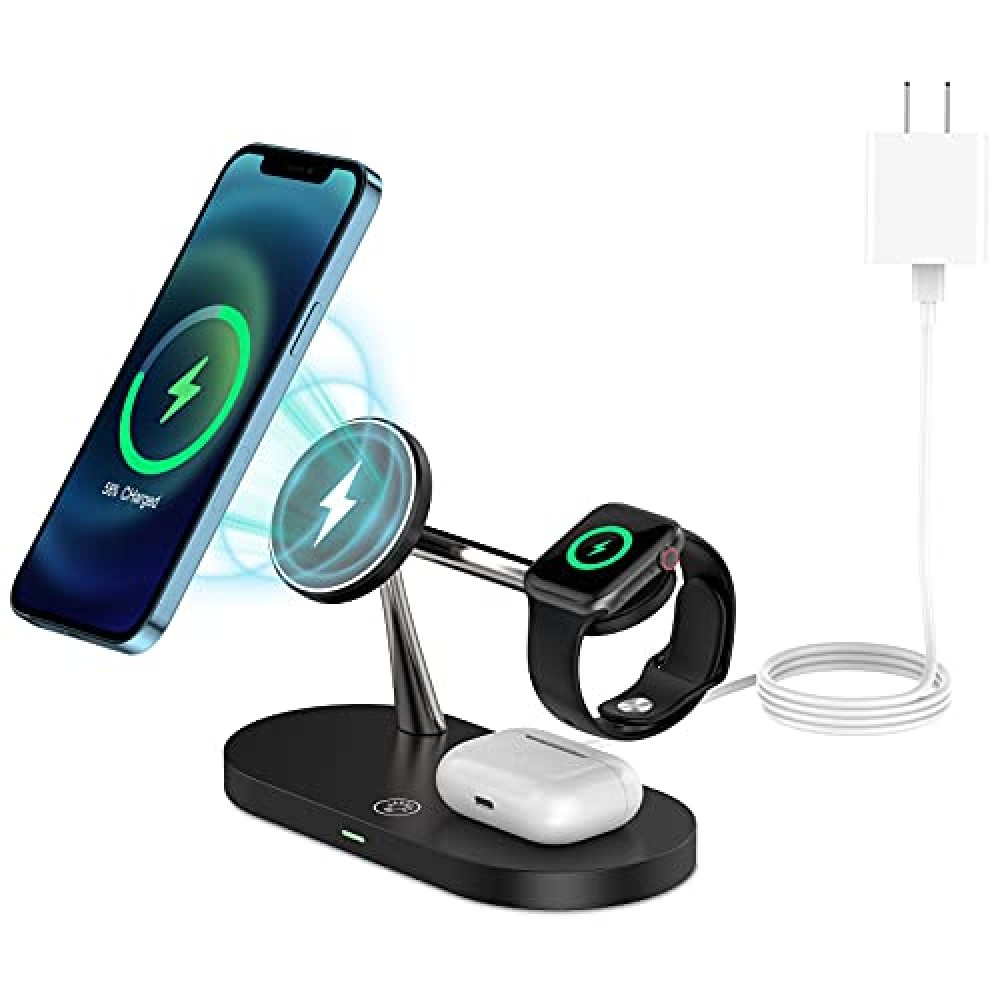 Station de charge magnétique sans fil 5 en 1 pour iPhone - Apple Watch, AirPods, lampe LED - Blanc