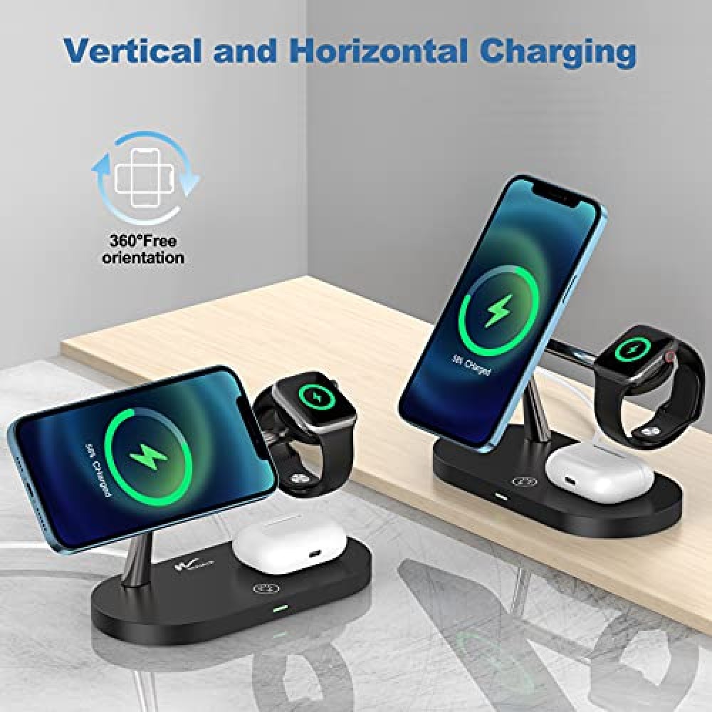 Station de charge magnétique sans fil 5 en 1 pour iPhone - Apple Watch, AirPods, lampe LED - Blanc