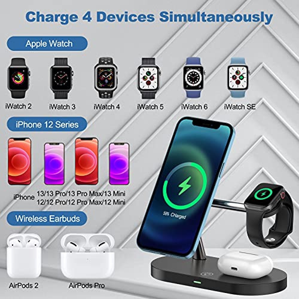 Station de charge magnétique sans fil 5 en 1 pour iPhone - Apple Watch, AirPods, lampe LED - Noir