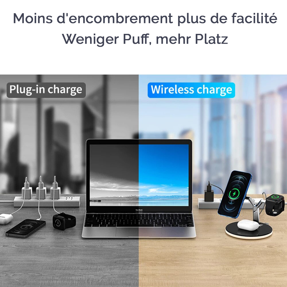 Station de charge Qi MagSafe 25W sans fil wireless 4 en 1 élégante et stylée - Noir