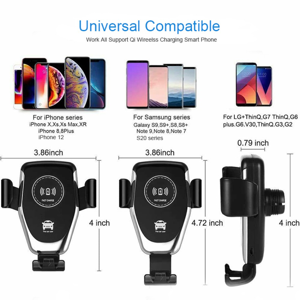 Support sans fil pour smartphone Car Mount 10W Qi Universel High Speed Charging - Noir