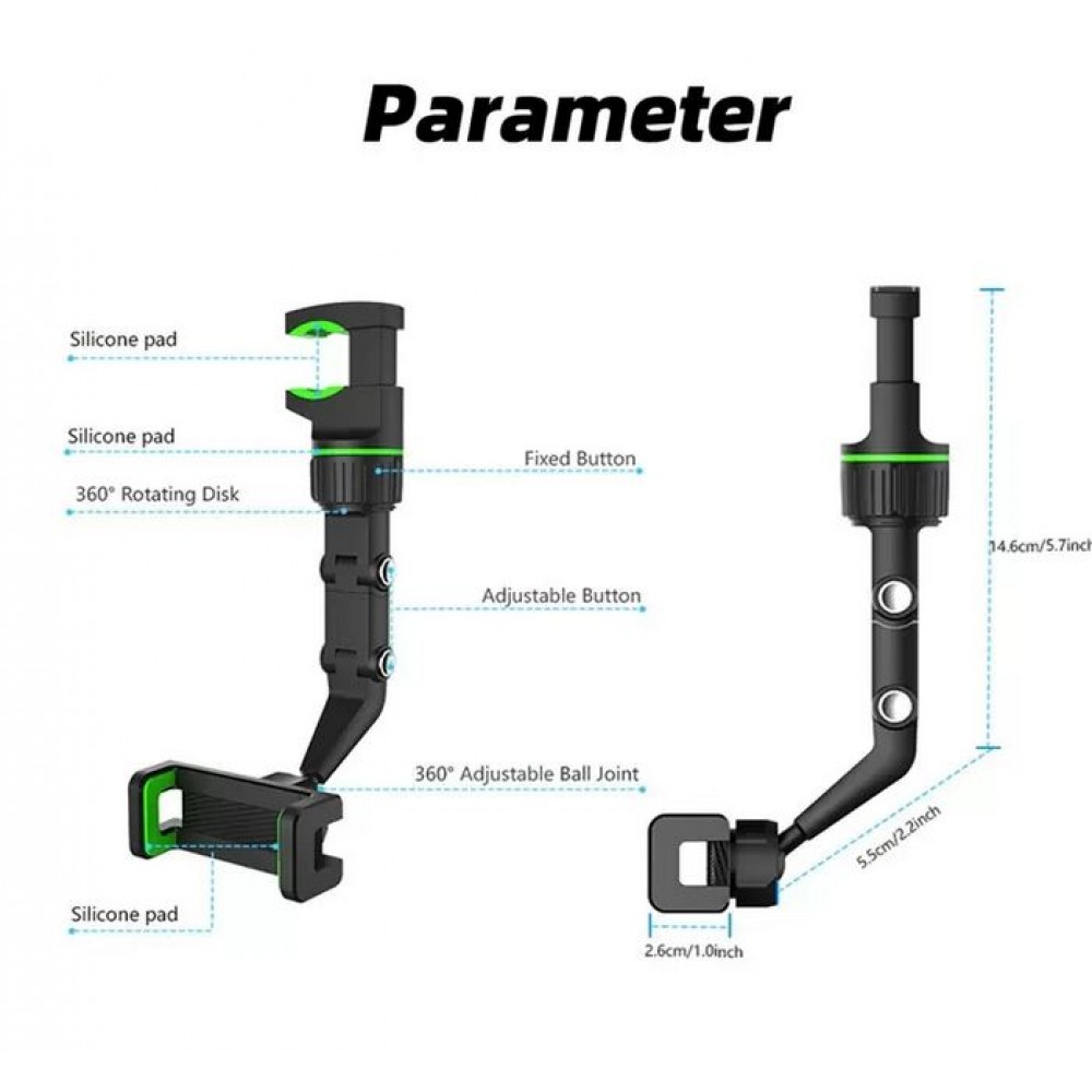 Universal Rückspiegel Smartphone Halter - Multi-Funktions Halterung flexibler Arm und Klemme - Schwarz